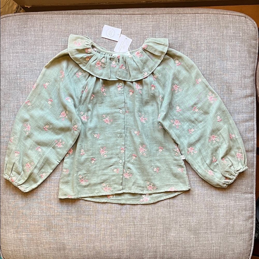 Early Sunday Cecilia Blouse Top Shirt Green Floral Embroidered 100% Cotton 7